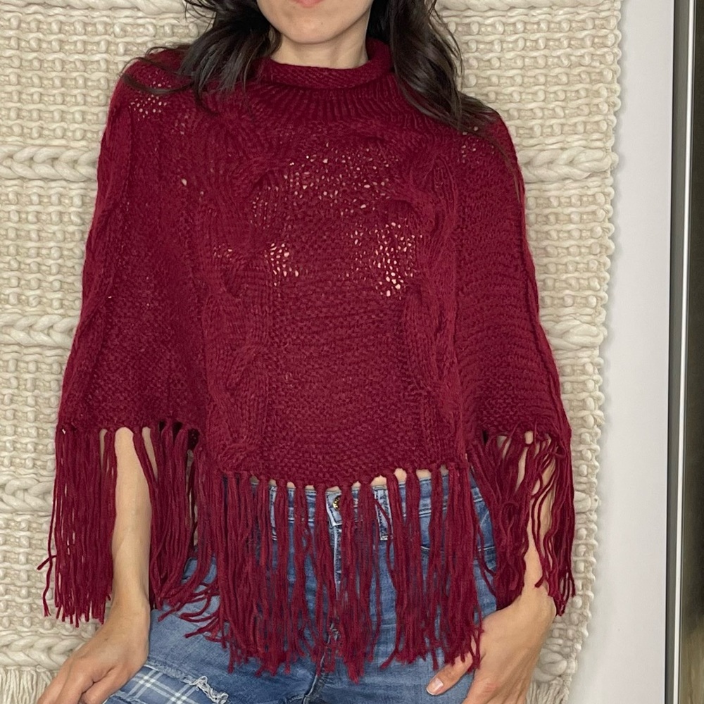 Turtle Neck Knitted Poncho Featuring Fringe - Picture 1 of 6